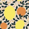 Lemons oranges with leaves and berries seamless pattern