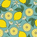Lemons seamless pattern with leaves and flowers