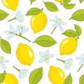 Lemons seamless pattern with leaves and flowers