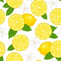 Lemons seamless pattern on white background. Yellow citruses with green leaves and white flowers Royalty Free Stock Photo