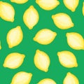 Lemons seamless repeating pattern. Citrus fruit background. Yellow hand drawn lemons on green backdrop. Summer food