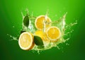 Lemons splashing the air with lemon juice on a green background