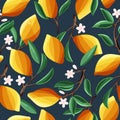 Lemons on tree branches, seamless pattern. Tropical summer fruit, on dark blue background.