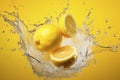 Lemons with water splash on yellow background