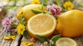 Lemons and Wildflowers on Rustic Wooden Table