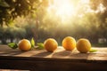 Lemons on a wooden table in the garden. Selective focus. generative ai