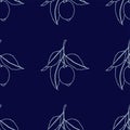 Seamless pattern with lemons. Line drawing isolated on dark blue background. Fresh Fruits with leaves. Summer design. Vector Royalty Free Stock Photo