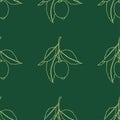 Seamless pattern with lemons. Line drawing isolated on dark green background. Fresh Fruits with leaves. Summer design. Vector Royalty Free Stock Photo