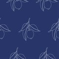 Seamless pattern with lemons. Line drawing isolated on dark blue background. Fresh Fruits with leaves. Summer design. Vector Royalty Free Stock Photo