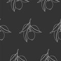 Seamless pattern with lemons. Line drawing isolated on dark gray background. Fresh Fruits with leaves. Summer design. Royalty Free Stock Photo