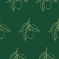 Seamless pattern with lemons. Line drawing isolated on dark green background. Fresh Fruits with leaves. Summer design. Vector Royalty Free Stock Photo