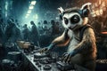 Lemur animal is a resident dj in the club People dancing on background illustration generative ai