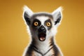 Lemur catta portrait with surprised expression on isolated yellow background. ai generative