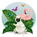 lemur with flamish and butterflies animals with leaves Royalty Free Stock Photo