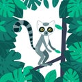 Lemur in the forest. Funny animal character with striped tails and big eyes. Vector cartoon illustration for kids