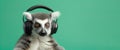 Lemur in headphones on a green background. Banner, empty space for text.