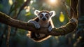 Ring-tailed Lemur Sunbathing on Mossy Branch in Madagascar Jungle Forest Royalty Free Stock Photo