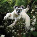 A lemur is running through a forest of flowers and leaves, AI