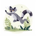 a lemur running through the jungle with leaves and plants around it\'s edges, with a white background