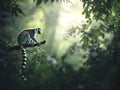 Lemur sitting on branch in lush jungle with sunlit foliage Royalty Free Stock Photo