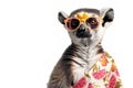 A lemur wearing a pair of heart-shaped sunglasses and a fruit print sarong.