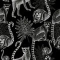 Lemurs pattern drawing silhouette tropical animals isolate object black background primacy