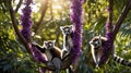 Three Ring-tailed Lemurs Playing on a Branch with Purple Flowers Royalty Free Stock Photo