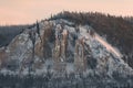 Lena Pillars at sunset on the frozen Lena river in the Natural Park Lenskie Stolby