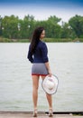 Lena. striped dress, river background, full height!