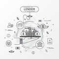 Lender infographics concept. Loan lending of money from bank, personal loans, credit card, organization or entity.