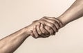 Lending a helping hand. Handshake, arms friendship. Friendly handshake, friends greeting, teamwork, friendship. Close-up