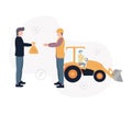 Lending to state infrastructure projects. Illustration of a man giving a money bag to a man in the form of a builder