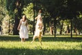 Length view of beautiful young girl in white dress looking at jumping golden retriever on meadow Royalty Free Stock Photo