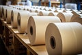 Lengthy rolls of laminated paper on spools. Generative AI