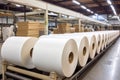 lengthy rolls of laminated paper on spools