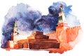 Lenin Mausoleum in Moscow on Red Square Russia Watercolor