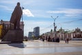 Lenin square with a blossoming flowerbed. Novosibirsk, Russia