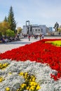 Lenin square with a blossoming flowerbed. Novosibirsk, Russia