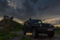 Leningrad region, Russia , July 12, 2016 , Jeep Wrangler on the first North Fort in Kronstadt, the Jeep Wrangler is a compact four