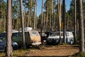 Leningrad Region, Russia - June 2022. Stylish retro Volkswagen transporter cars T3 and T4. Camping for campers in