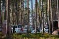 Leningrad Region, Russia - June 2022. Stylish retro Volkswagen transporter T3 cars and other models. Camping for campers