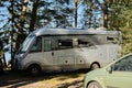 Leningrad Region, Russia - June 2022. Stylish silver modern mobile home. The bus for whole family is prepared for travel