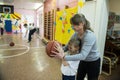 Lesson of physical education of children of elementary grades in Royalty Free Stock Photo