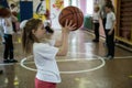 Lesson of physical education of children of elementary grades in Royalty Free Stock Photo