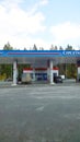 Petrol station. Gasoline service station with cars, located near highway on tree background. Oil and gas price concept. Vertical