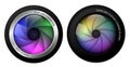 realistic camera lenses isolated, two professional photo lens with shutter blade. Royalty Free Stock Photo