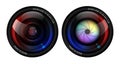 realistic camera lenses isolated, two professional photo lens with shutter blade.