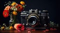 lens camera and flowers Royalty Free Stock Photo