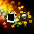 Lens camera with photo frame on bokeh background Royalty Free Stock Photo