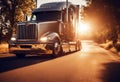 lens close semi rectly flare driving truck golden camera sunset trucking transportation closeup logistic unbranded freight highway